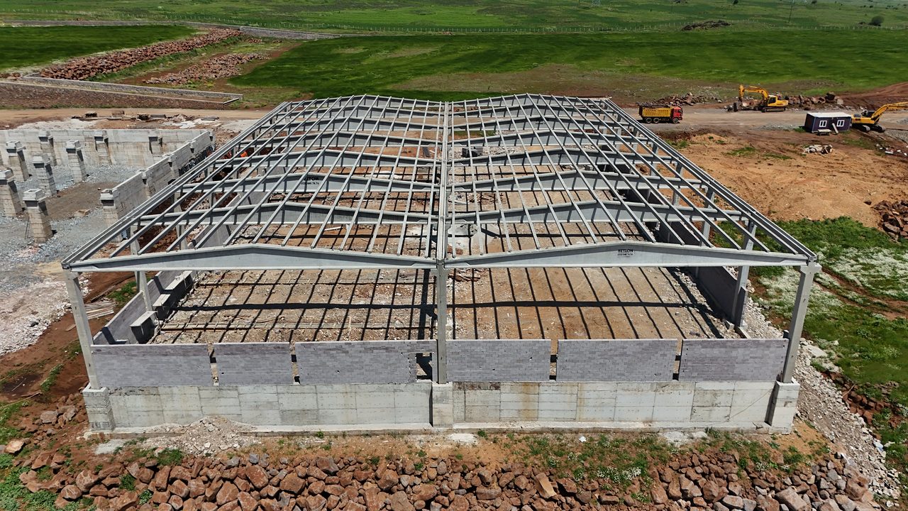Aerial front view of the food production plant: girders carrying the two-span roof and rows of purlins.