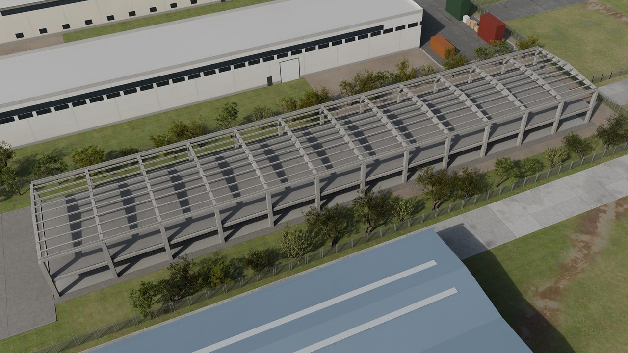 Project visualization: bird's-eye view of the same building, showing girders, purlins and the mezzanine.