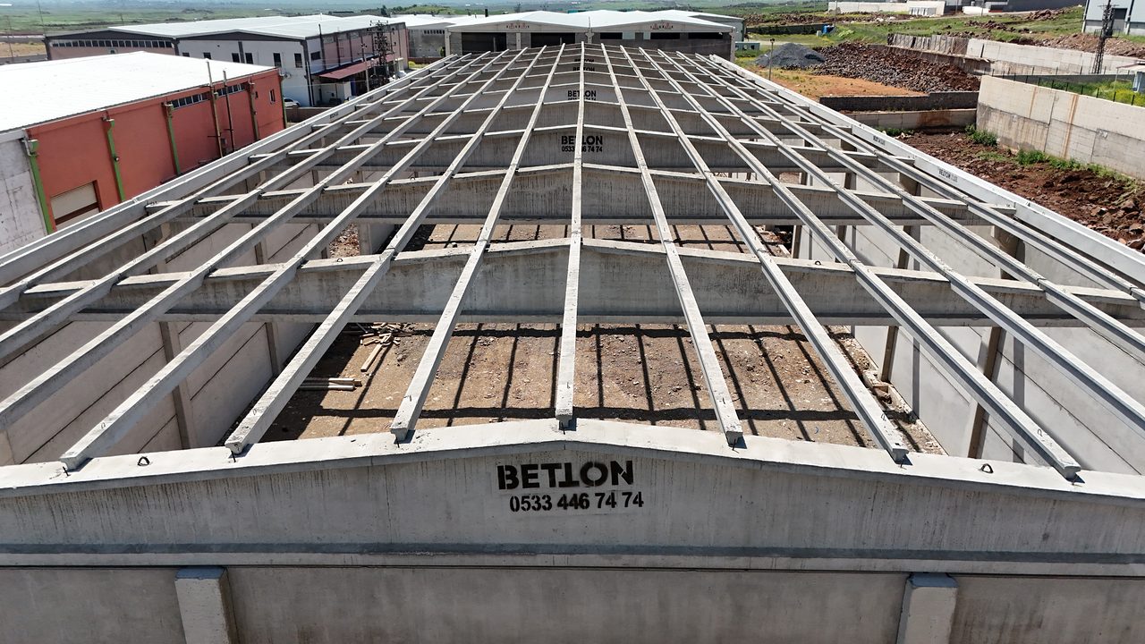 BETTON mark on the gable beam, with roof girders and purlins behind.